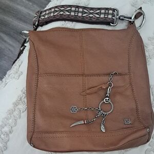 The Sak Tan Leather Shoulder Bag with Patterned Strap